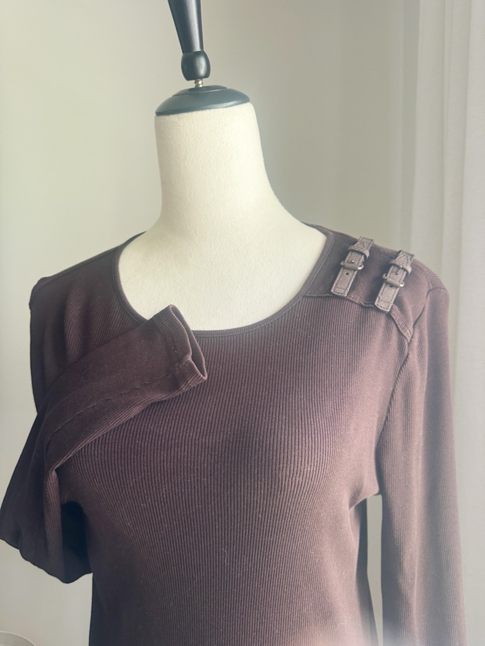 Lauren Ralph Lauren Chocolate Brown Ribbed Long Sleeve Top with Shoulder Buckles
